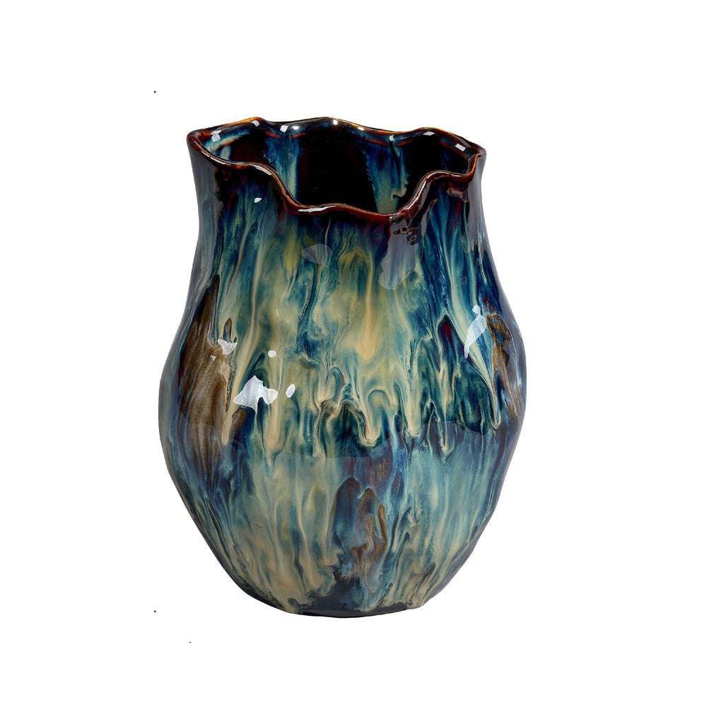 Fera Decorative Flower Vase | Ruffled Edge | 9’’ Shiny Blue Ceramic
