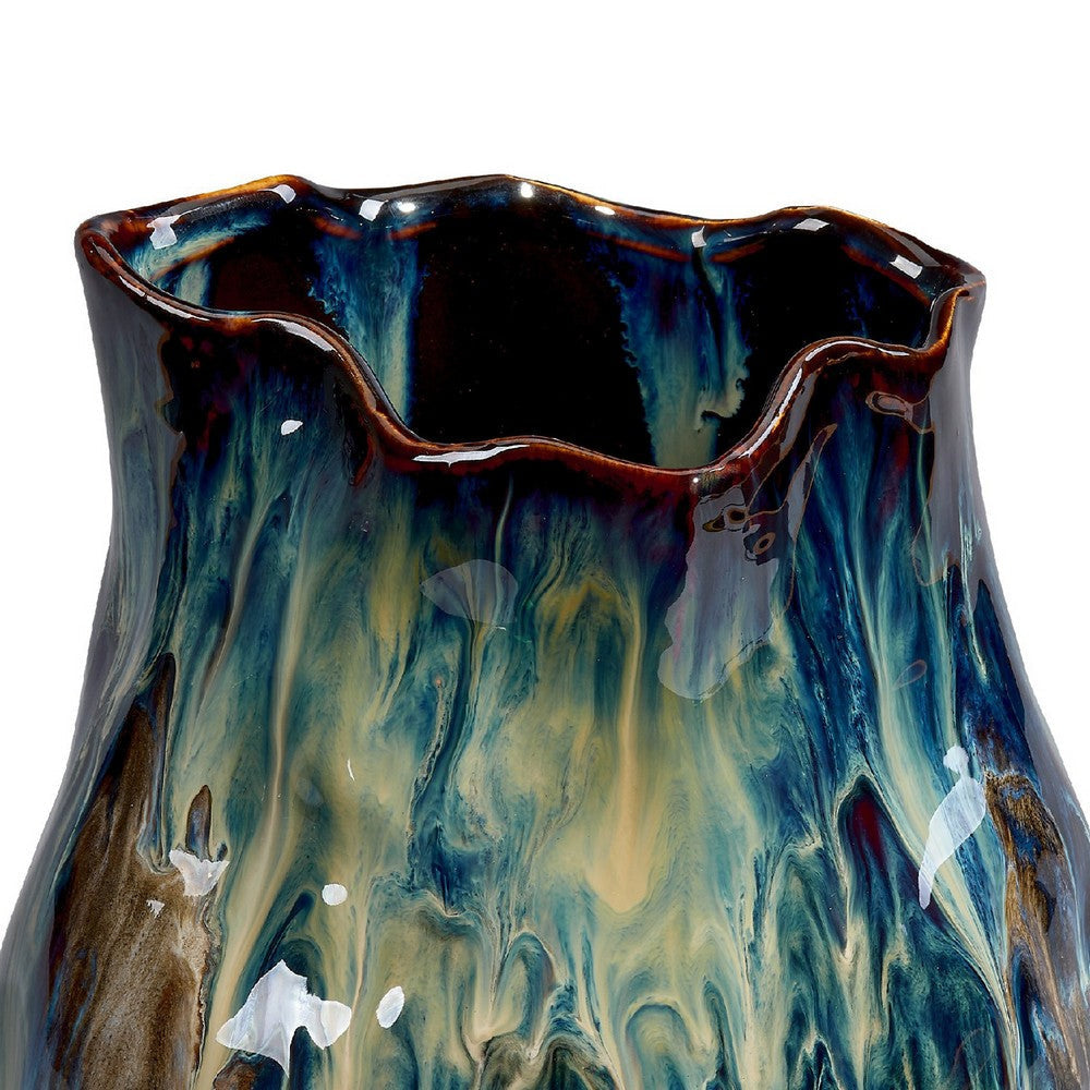 Fera Decorative Flower Vase | Ruffled Edge | 9’’ Shiny Blue Ceramic