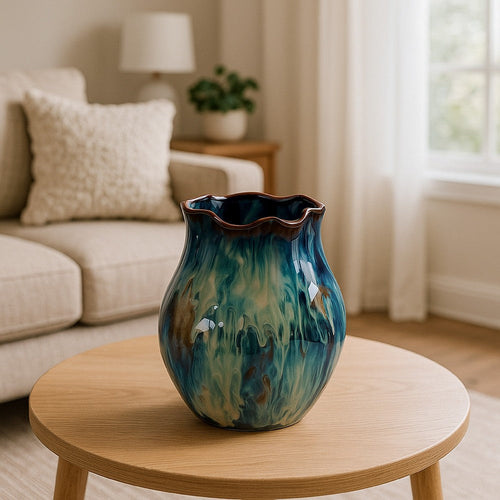 Fera Decorative Flower Vase | Ruffled Edge | 9" Shiny Blue Ceramic