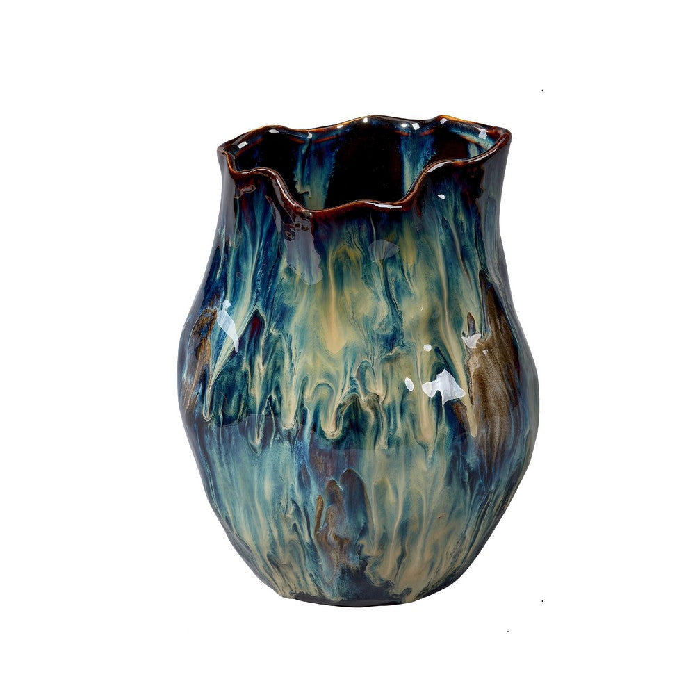 Fera Decorative Flower Vase | Ruffled Edge | 9" Shiny Blue Ceramic