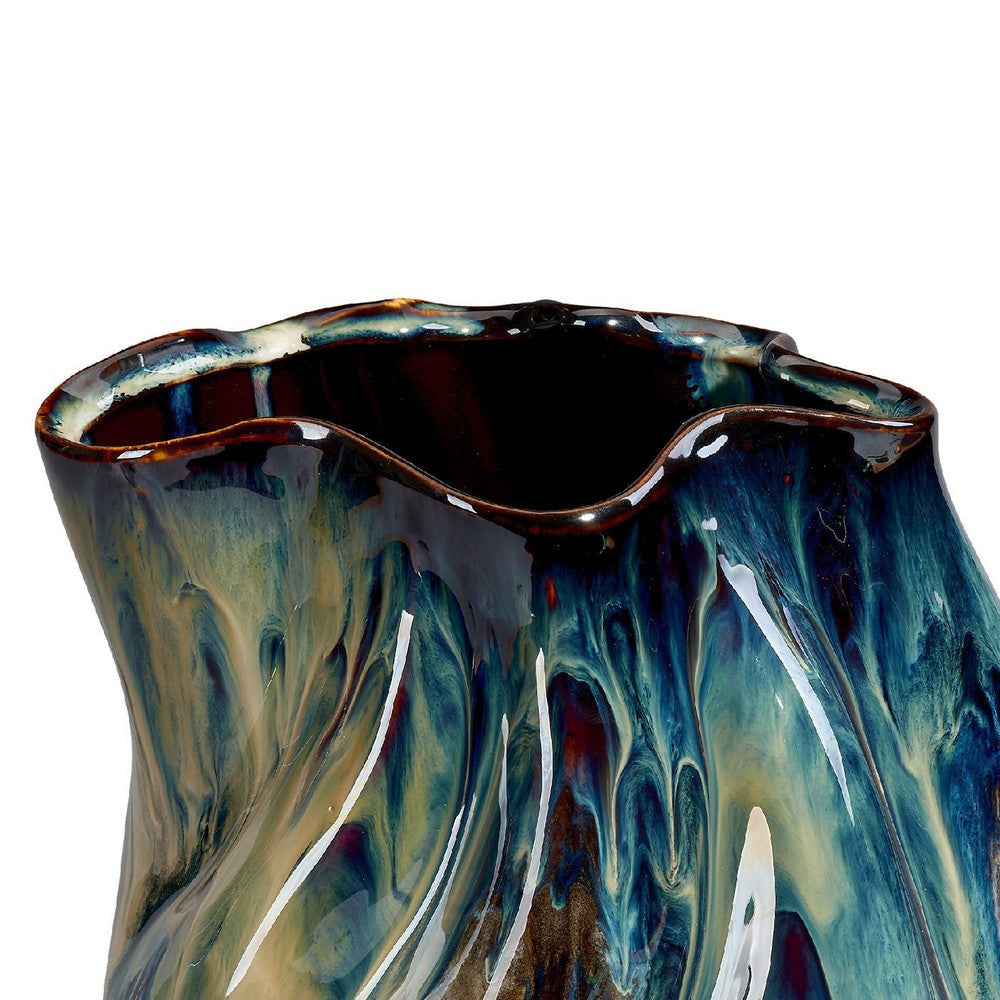 Fera Decorative Flower Vase | Ruffled Edge | 12’’ Shiny Blue Ceramic