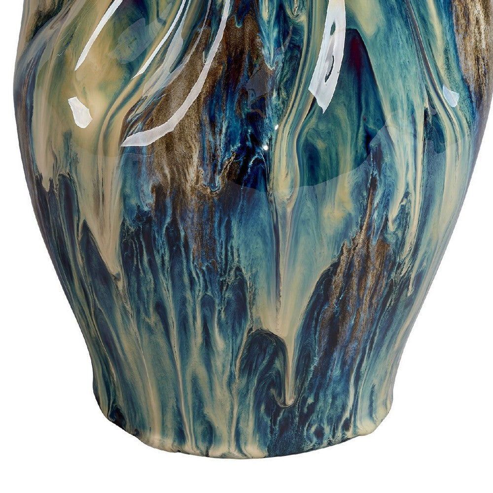 Fera Decorative Flower Vase | Ruffled Edge | 12’’ Shiny Blue Ceramic