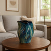 Fera Decorative Flower Vase | Ruffled Edge | 12" Shiny Blue Ceramic