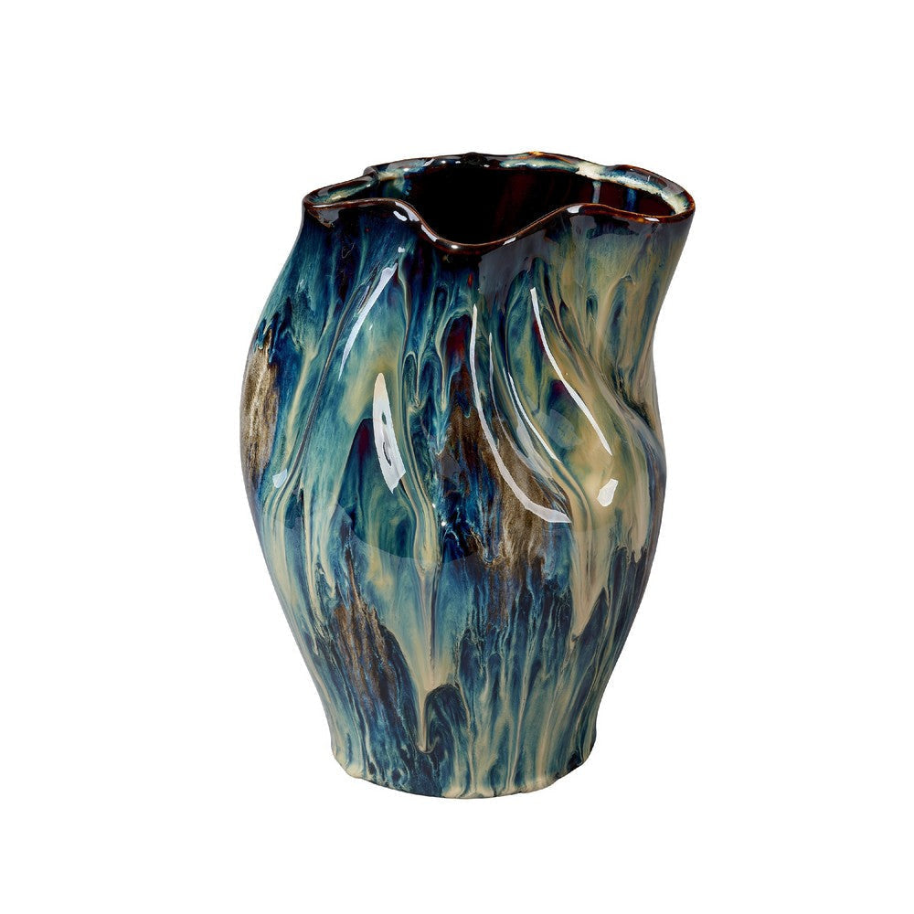 Fera Decorative Flower Vase | Ruffled Edge | 12" Shiny Blue Ceramic