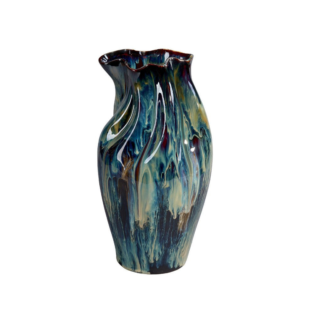 Fera Decorative Flower Vase | Ruffled Edge | 15’’ Shiny Blue Ceramic