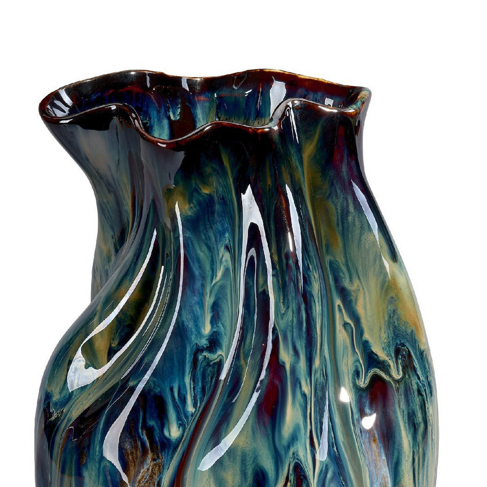 Fera Decorative Flower Vase | Ruffled Edge | 15’’ Shiny Blue Ceramic