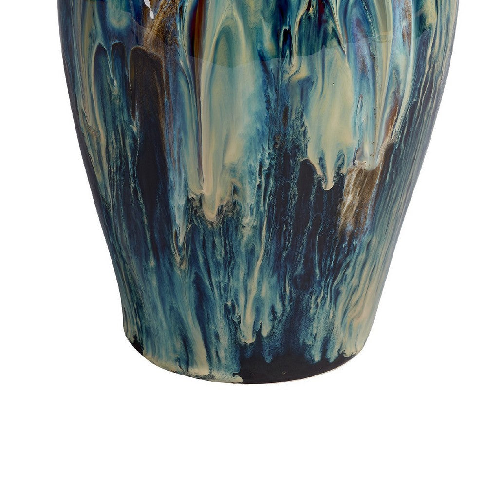 Fera Decorative Flower Vase | Ruffled Edge | 15’’ Shiny Blue Ceramic