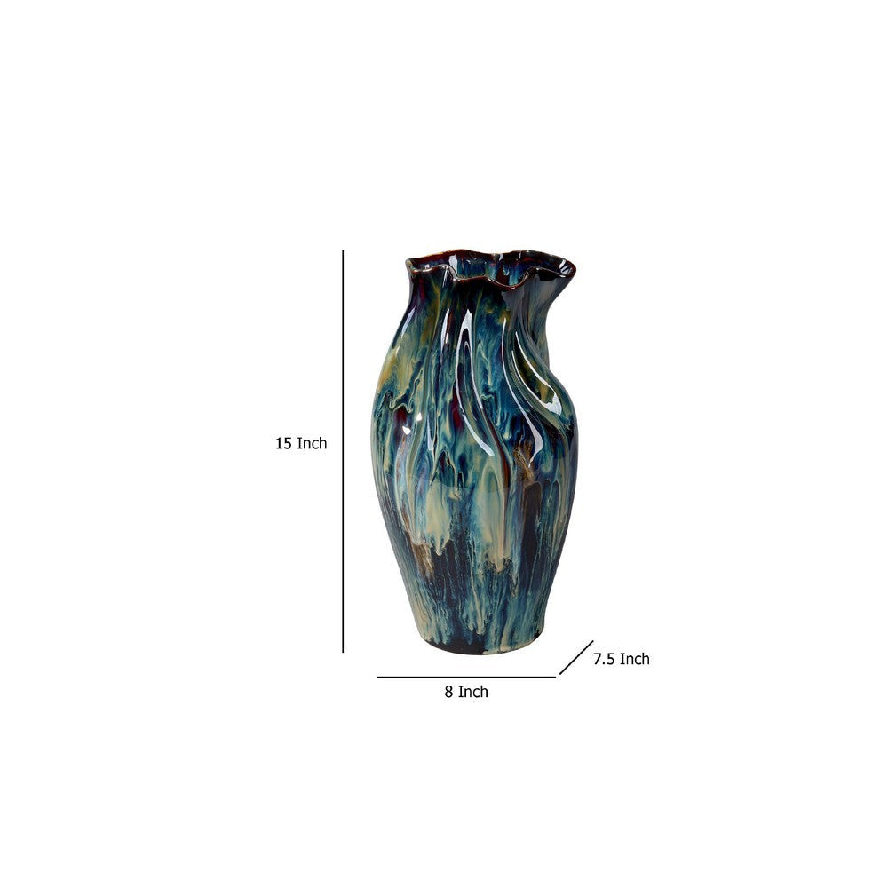 Fera Decorative Flower Vase | Ruffled Edge | 15’’ Shiny Blue Ceramic