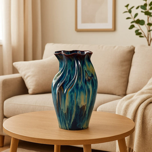 Fera Decorative Flower Vase | Ruffled Edge | 15" Shiny Blue Ceramic