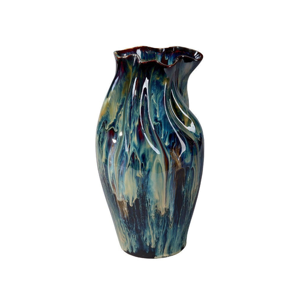 Fera Decorative Flower Vase | Ruffled Edge | 15" Shiny Blue Ceramic