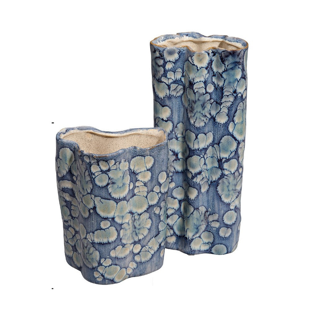 Gipo Decorative Flower Vase Set of 2 | Ruffled Body Blue White Ceramic BM334540