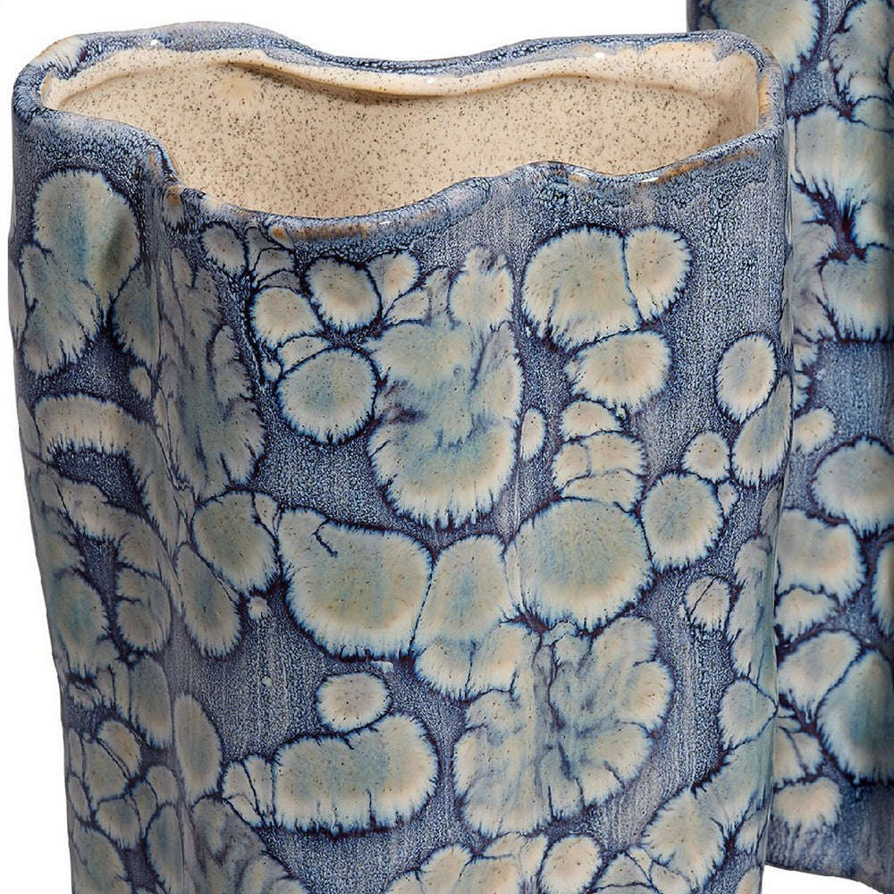 Gipo Decorative Flower Vase Set of 2 | Ruffled Body Blue White Ceramic BM334540