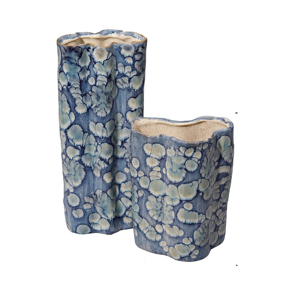 Gipo Decorative Flower Vase Set of 2 | Ruffled Body Blue White Ceramic