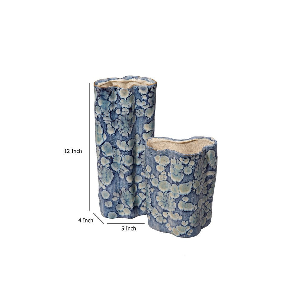 Gipo Decorative Flower Vase Set of 2 | Ruffled Body Blue White Ceramic BM334540