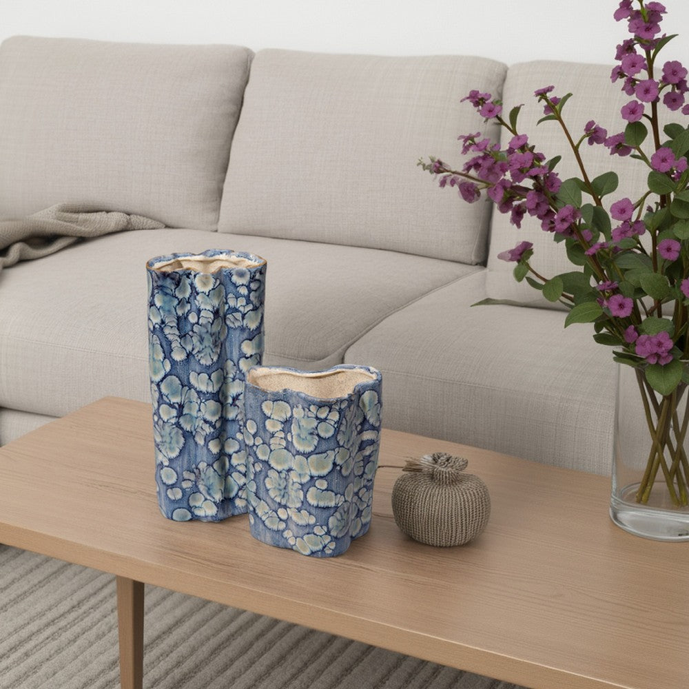 Gipo Decorative Flower Vase Set of 2 | Ruffled Body Blue White Ceramic