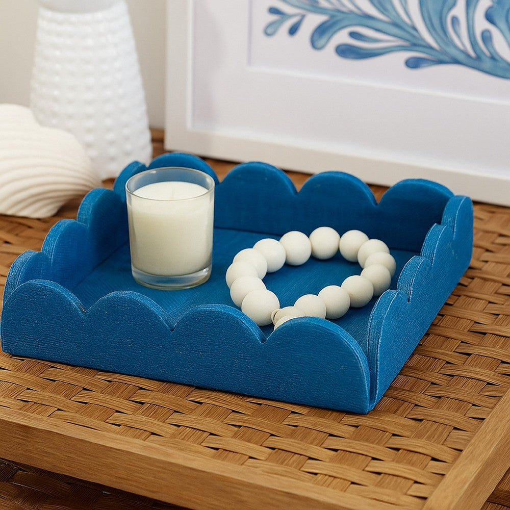 Rori Decorative Accessory Tray | Scalloped Edge 15" Blue Raffia