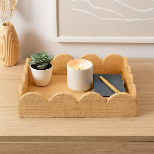 Rori Decorative Accessory Tray | Scalloped Edge 15" Brown Raffia