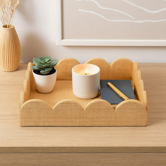 Rori Decorative Accessory Tray | Scalloped Edge 15" Brown Raffia