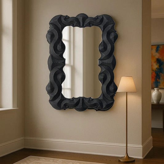 Diri Decorative Wall Mirror | Beaded Pattern Classic Black Resin 29x36