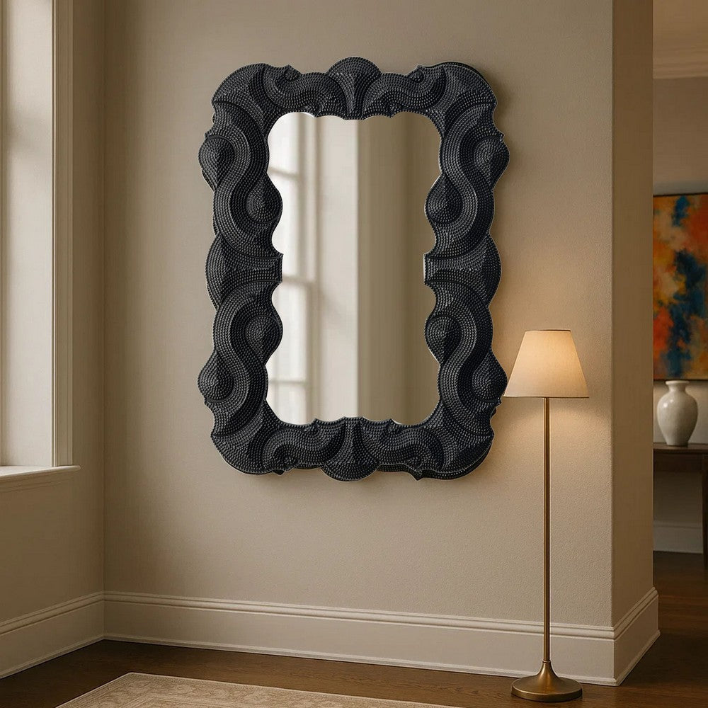 Diri Decorative Wall Mirror | Beaded Pattern Classic Black Resin 29x36