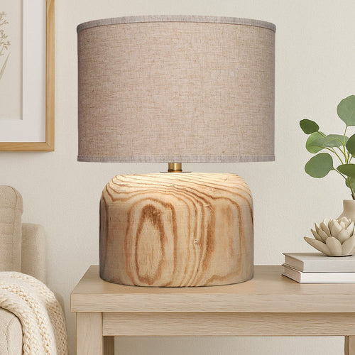 Timy Accent Table Lamp | 18" | Linen Drum Shade | Brown Wood Base