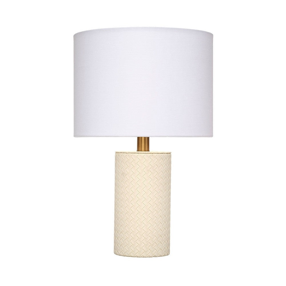 Myn Table Lamp | 18" | White Linen Drum Shade | Cream Leather Base