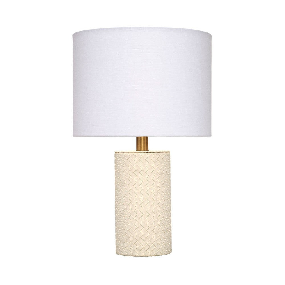 Myn Table Lamp | 18’’ | White Linen Drum Shade | Cream Leather Base