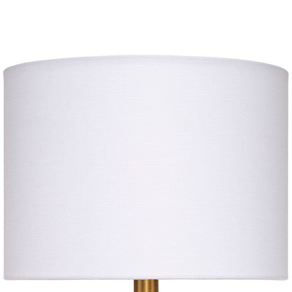 Myn Table Lamp | 18’’ | White Linen Drum Shade | Cream Leather Base
