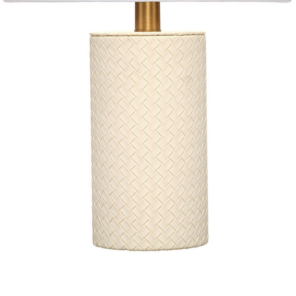 Myn Table Lamp | 18’’ | White Linen Drum Shade | Cream Leather Base