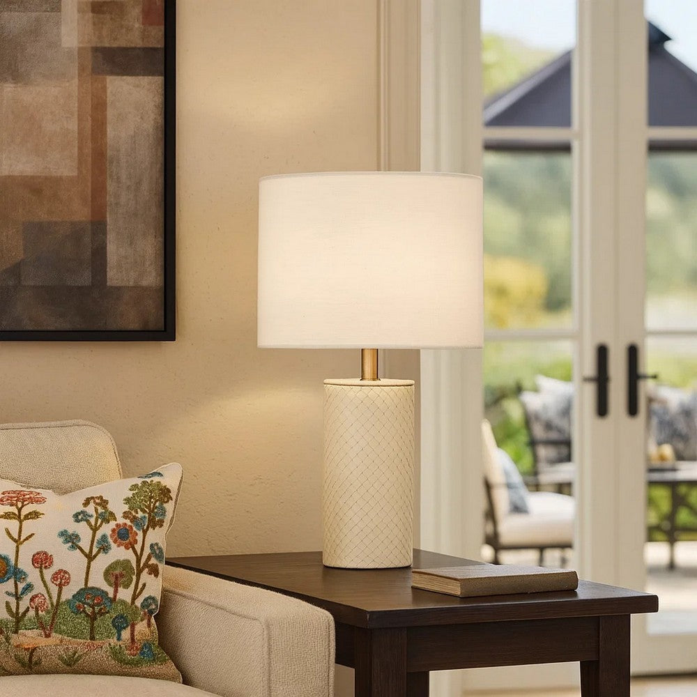 Myn Table Lamp | 18" | White Linen Drum Shade | Cream Leather Base