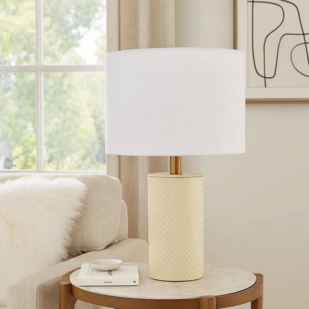 Myn Table Lamp | 18" | White Linen Drum Shade | Cream Leather Base