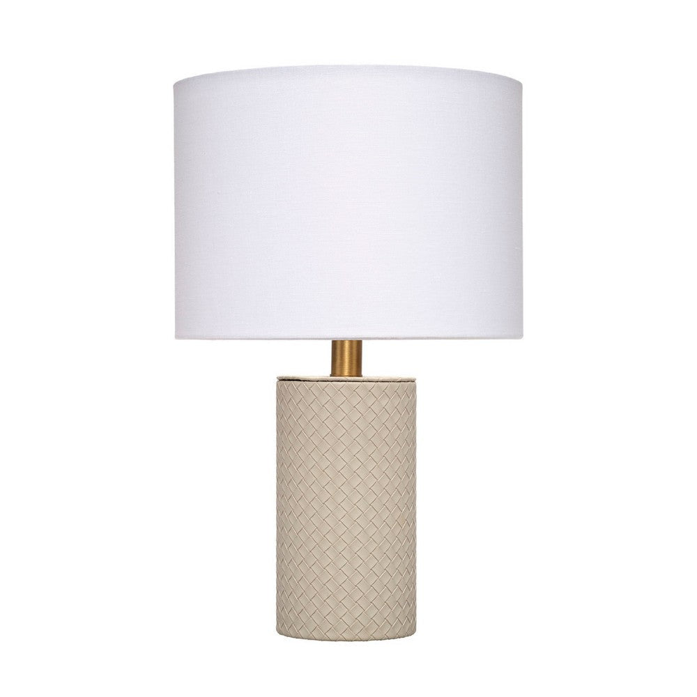 Myn Table Lamp | 18’’ | White Linen Drum Shade | Gray Leather Base