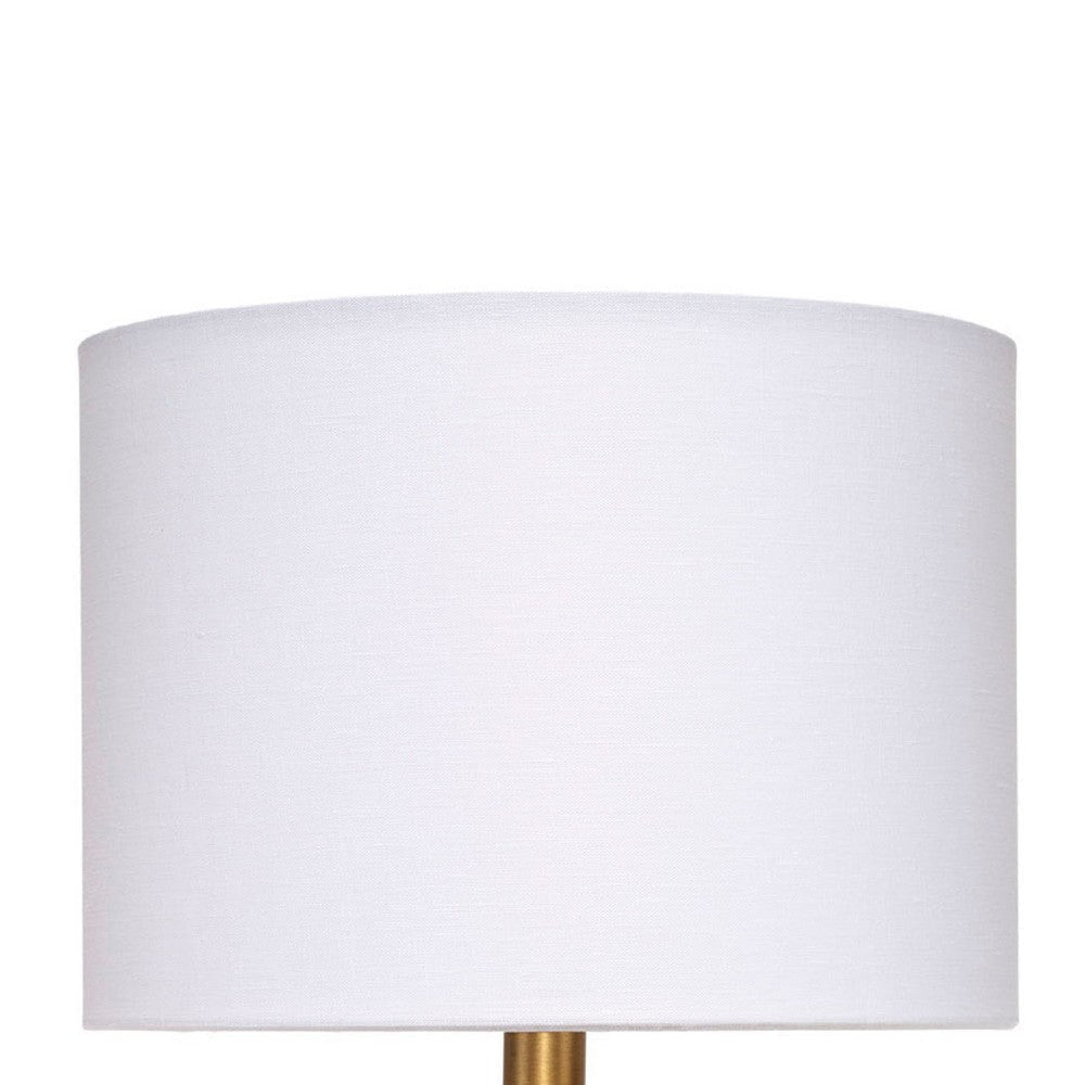 Myn Table Lamp | 18’’ | White Linen Drum Shade | Gray Leather Base
