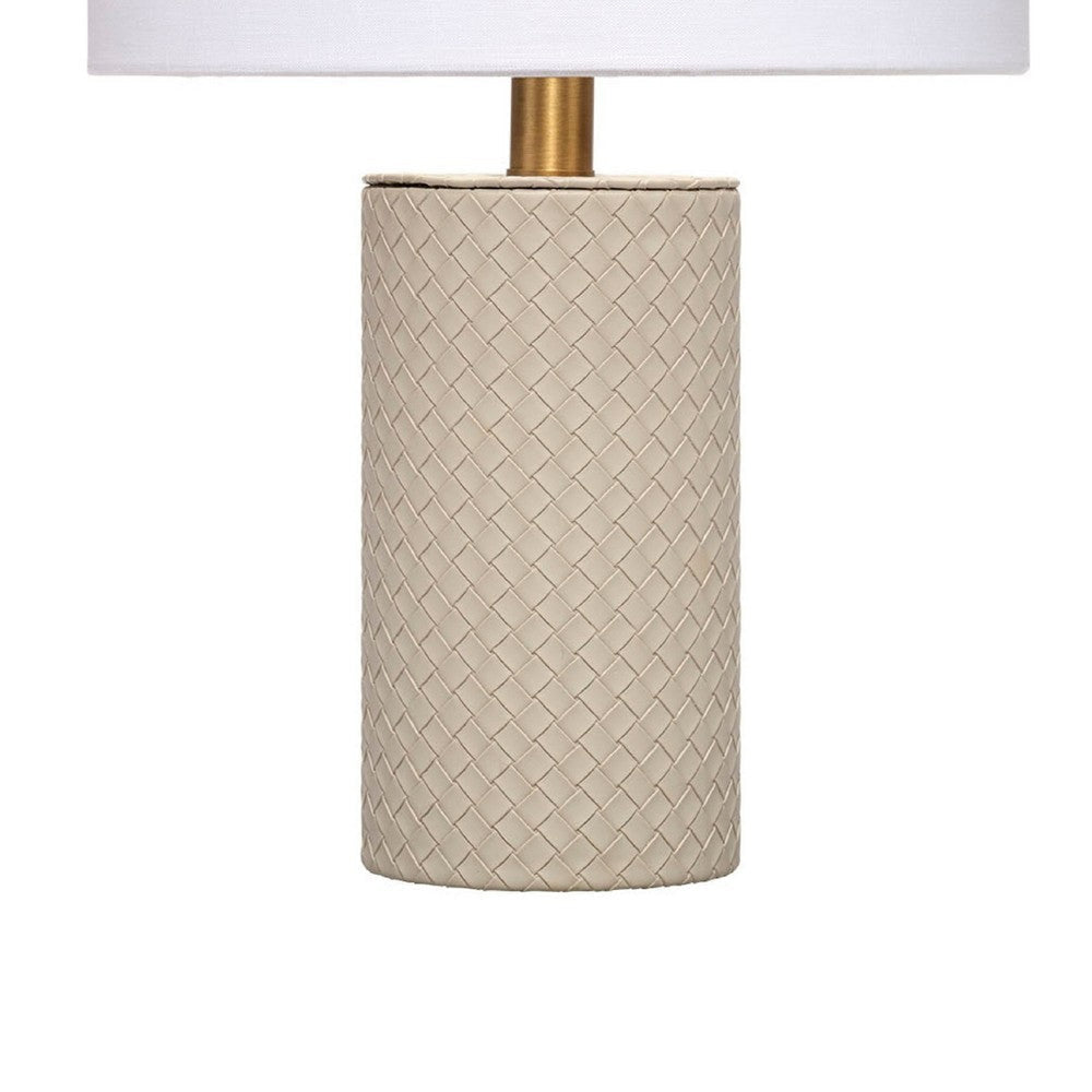 Myn Table Lamp | 18’’ | White Linen Drum Shade | Gray Leather Base
