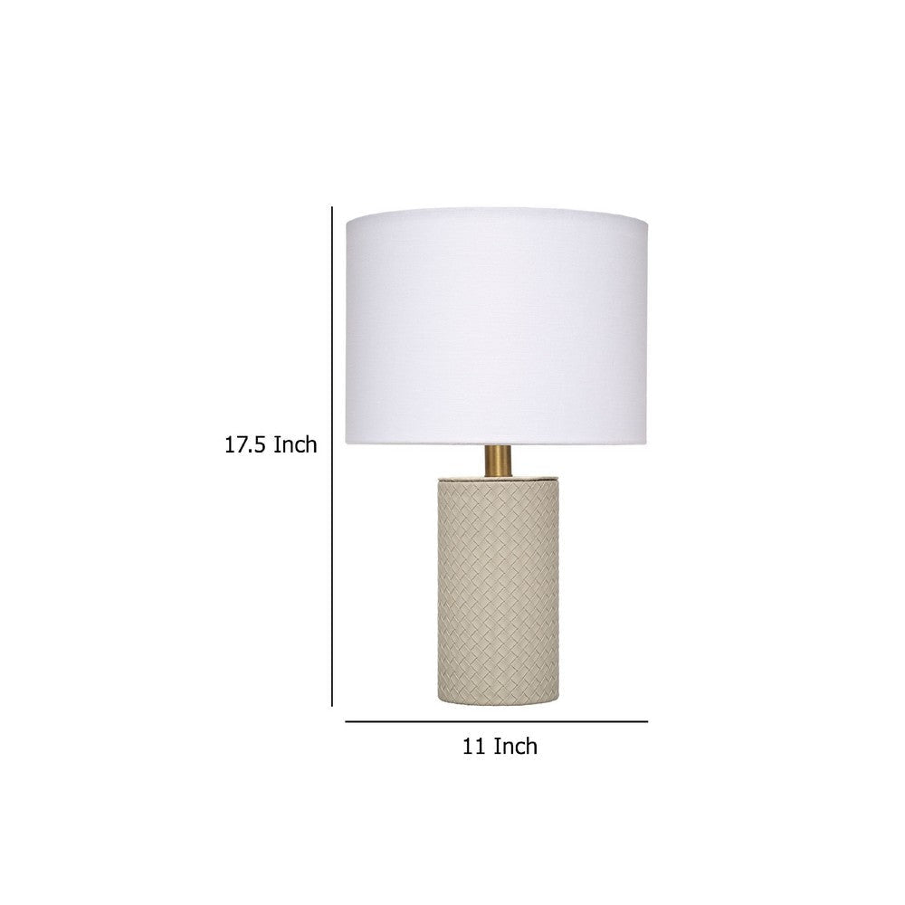 Myn Table Lamp | 18’’ | White Linen Drum Shade | Gray Leather Base