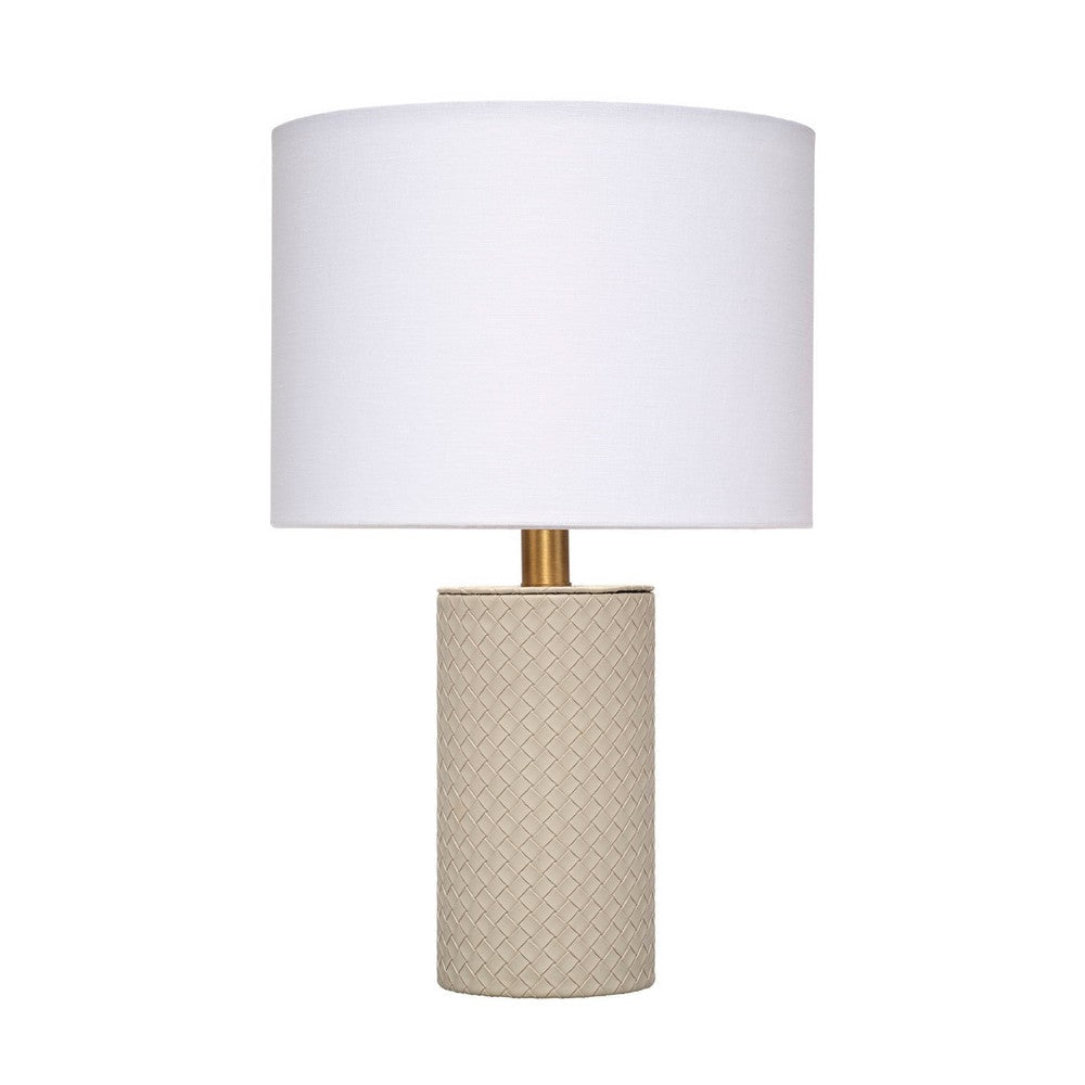 Myn Table Lamp | 18" | White Linen Drum Shade | Gray Leather Base