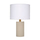 Myn Table Lamp | 18" | White Linen Drum Shade | Gray Leather Base