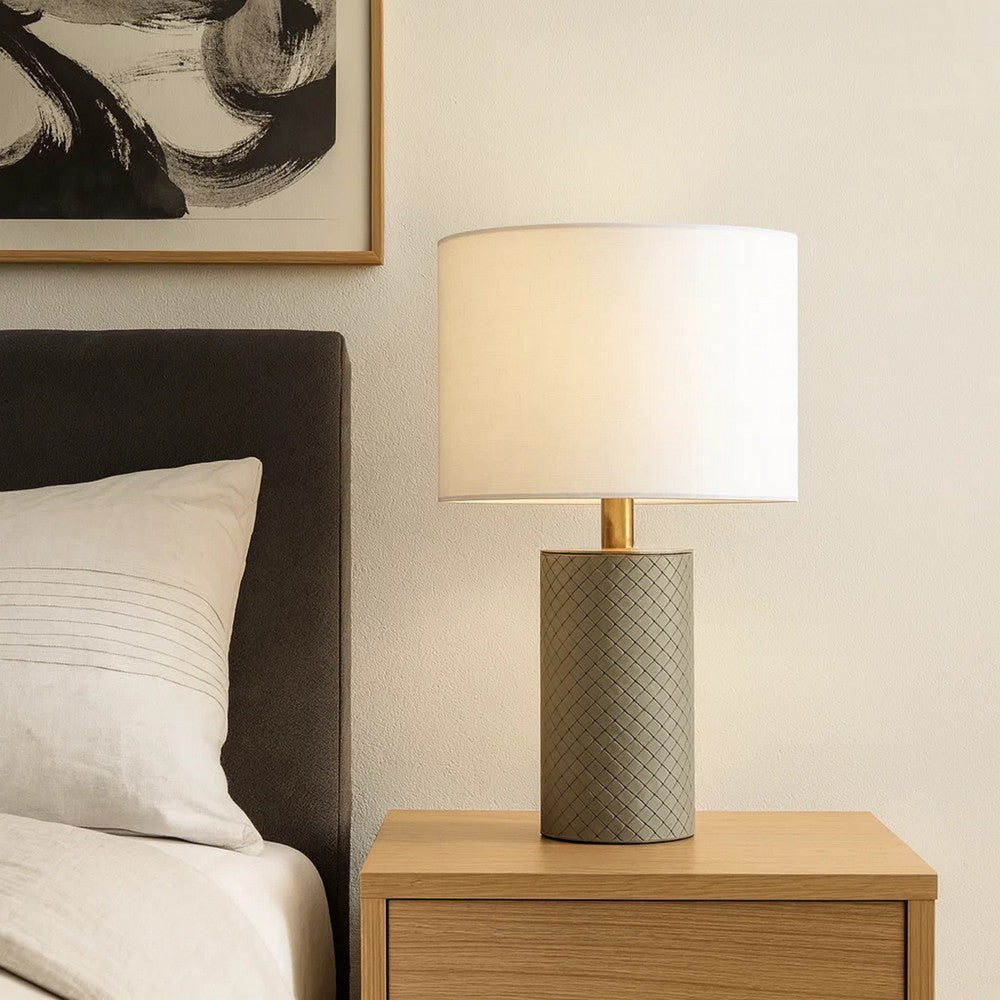 Myn Table Lamp | 18" | White Linen Drum Shade | Gray Leather Base