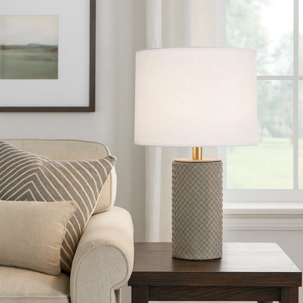 Myn Table Lamp | 18" | White Linen Drum Shade | Gray Leather Base
