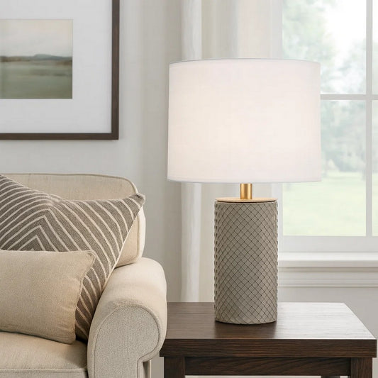 Myn Table Lamp | 18" | White Linen Drum Shade | Gray Leather Base