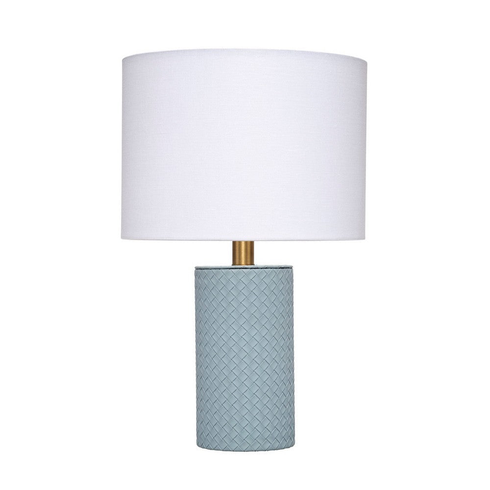 Myn Table Lamp | 18’’ | White Linen Drum Shade | Blue Leather Base