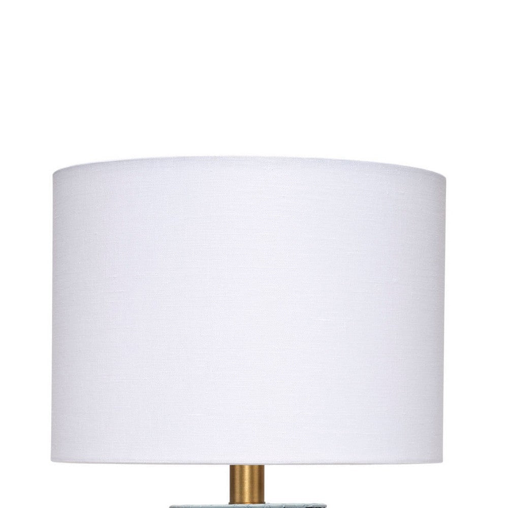 Myn Table Lamp | 18’’ | White Linen Drum Shade | Blue Leather Base