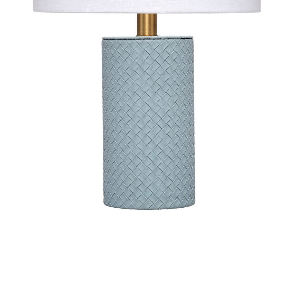 Myn Table Lamp | 18’’ | White Linen Drum Shade | Blue Leather Base