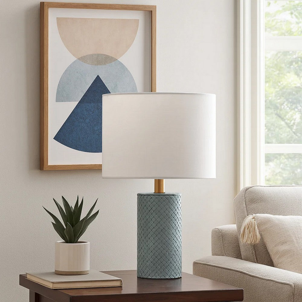 Myn Table Lamp | 18" | White Linen Drum Shade | Blue Leather Base
