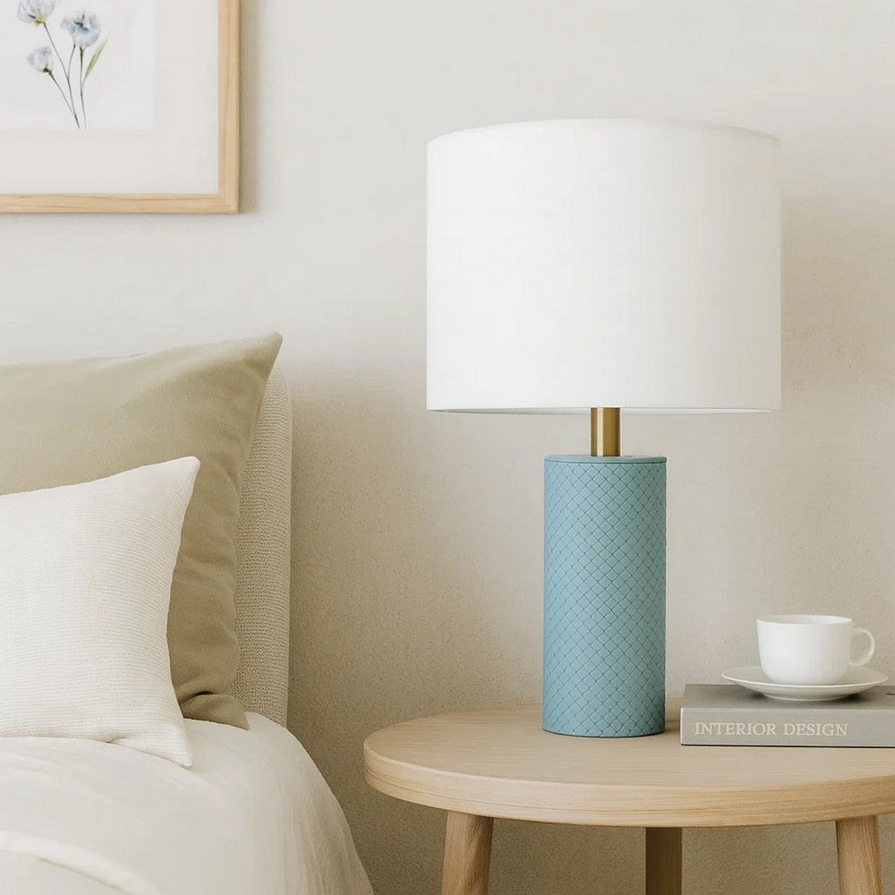 Myn Table Lamp | 18" | White Linen Drum Shade | Blue Leather Base