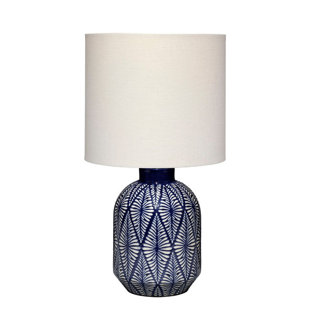 Hyla Accent Table Lamp | 17" | Cream Linen | Blue Geometric Ceramic