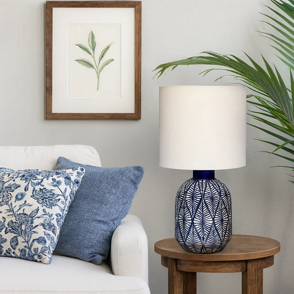 Hyla Accent Table Lamp | 17" | Cream Linen | Blue Geometric Ceramic