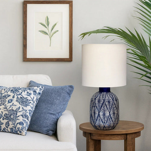 Hyla Accent Table Lamp | 17" | Cream Linen | Blue Geometric Ceramic