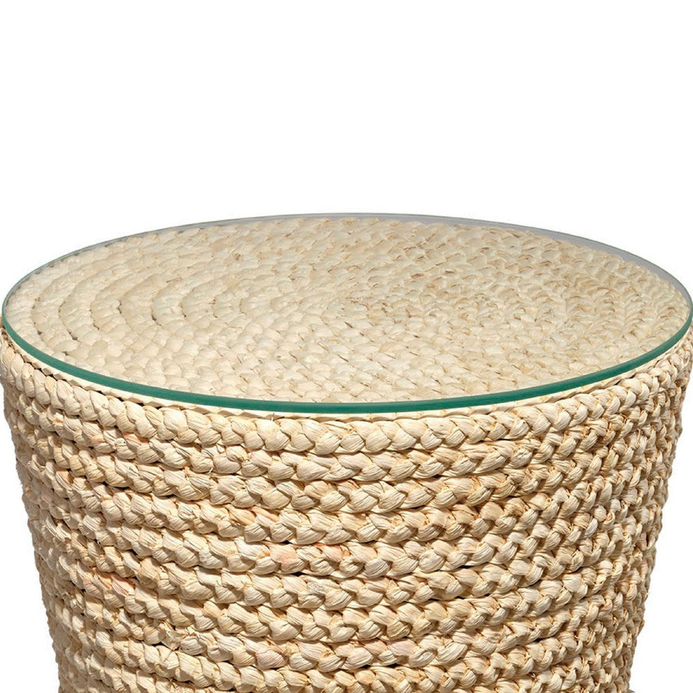Grix Side End Table | 20’’ Tempered Glass Round Top Braided Hourglass BM334560