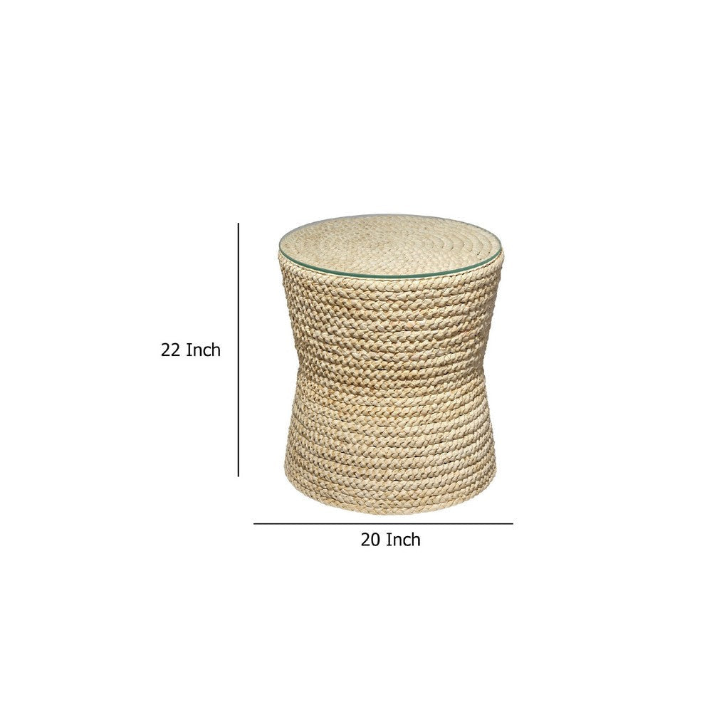 Grix Side End Table | 20’’ Tempered Glass Round Top Braided Hourglass BM334560